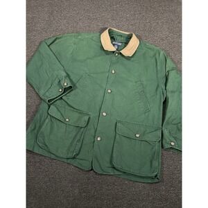 VTG Lands End Chore Coat Jacket Men XL 46-48 Green Barn Utility Leather Collar